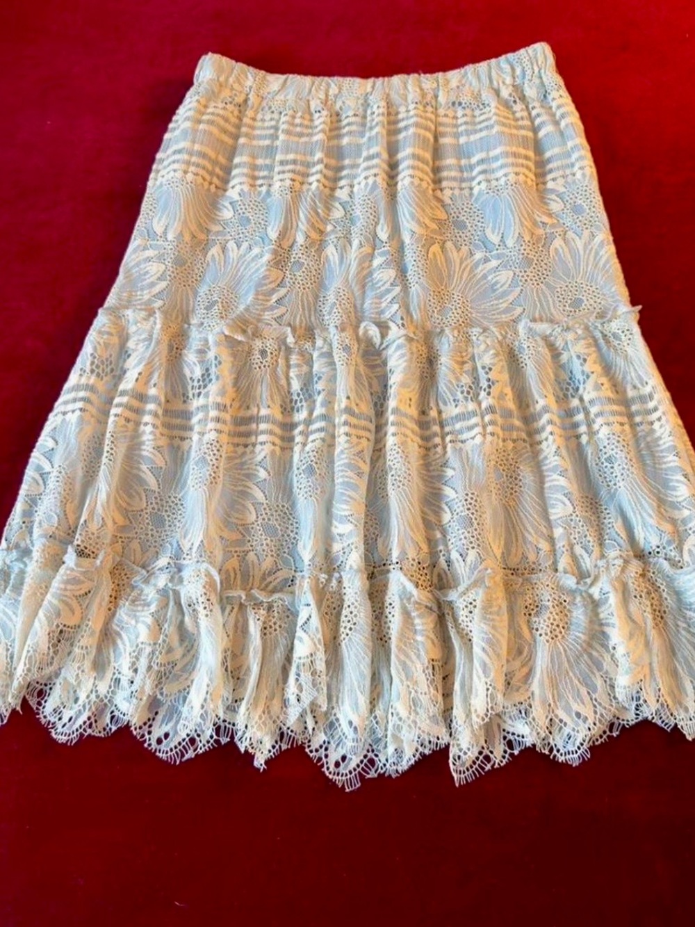 Cream and Blue  Lace Tiered Boho Skirt size S